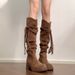 Cowhide Version~ Wasteland Style Tassel Knight Thick Heel Over-the-Knee Long Slimming Mid-Calf Boots For Women_vogvips.com