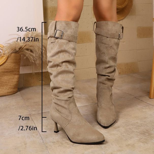 Elegant Pointed Toe Chunky Heel Knee High Boots For Women - Vintage Suede Stacked Boots With Buckle Detail, Comfortable Cotton Lining_vogvips.com