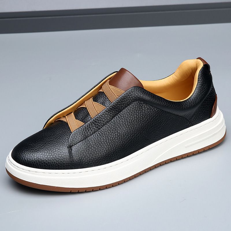 Men's Genuine Leather High-End Thick-Soled White Sneakers Autumn Trendy Versatile Slip-On Lazy Casual Shoes_vogvips.com