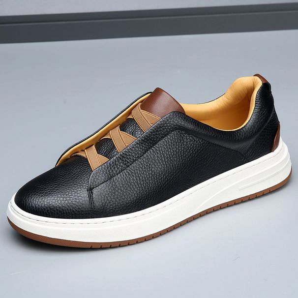 Men's Genuine Leather High-End Thick-Soled White Sneakers Autumn Trendy Versatile Slip-On Lazy Casual Shoes_vogvips.com