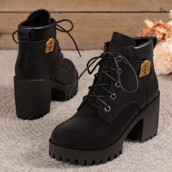 Large Size Chunky Heel British Style Martin For Women 2025 Autumn Winter Thick Sole Waterproof Platform Casual Lace-up_vogvips.com