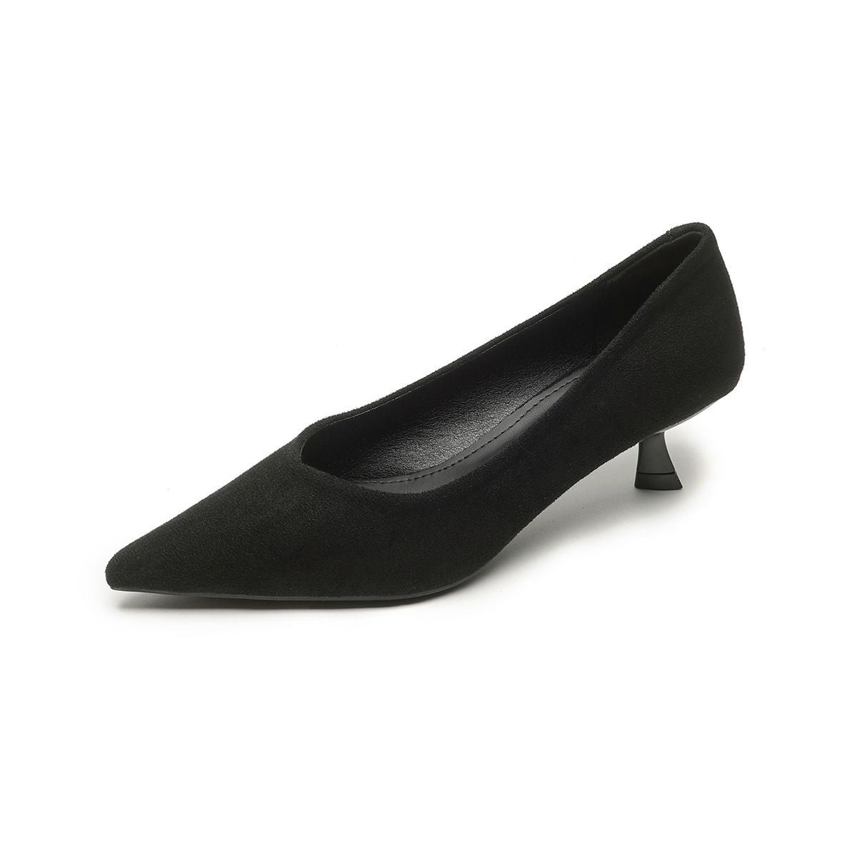 Suede Pointed Single Shoes Women's Stiletto Black Commuter Work Shoes Cat Heel Shallow High Heels_vogvips.com