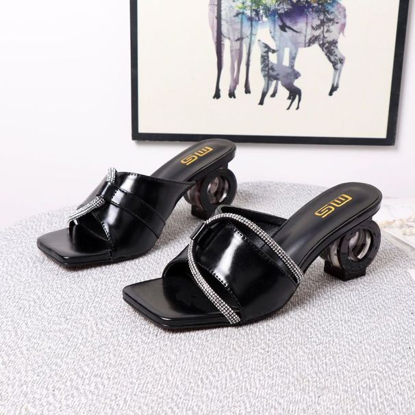 2024 New External Single Square Head Irregular High Heel Instagram Style One Line Water Diamond Fashion Versatile_vogvips.com