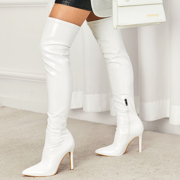 High Heel Soft Patent Leather Side Zipper Fashion Outdoor Stretch Over-the-Knee Pointed Toe Boots Size 35-42_vogvips.com