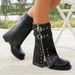 Chunky Heel Square Toe Mid-Calf Boots For Women - Belt Buckle Motorcycle Riding Boots With PU Upper & Rubber Sole_vogvips.com