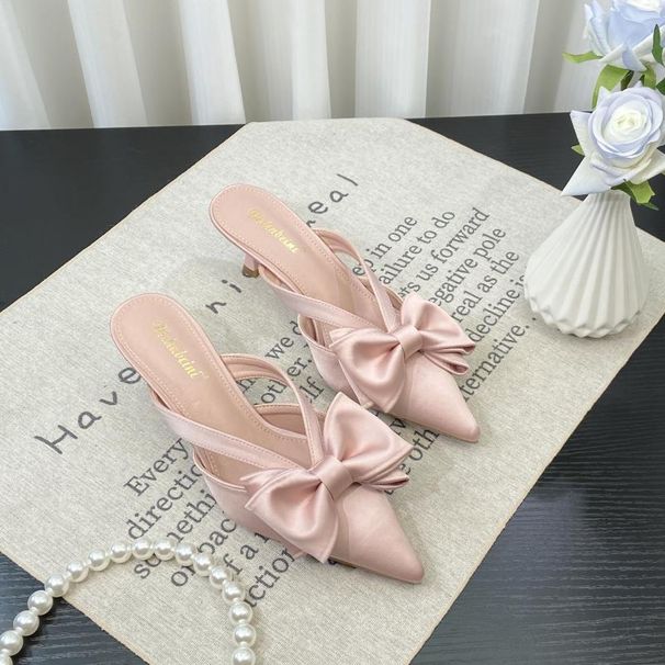 Fairy Style Pink Sandals For Women 2024 Spring Summer French Pointed Bowknot Hollow High Heel Half Closed Toe Slippers_vogvips.com