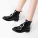 2025 Patent Rhinestone Square Buckle Flat Martin For Women Round Toe Low Heel Elastic Strap Short Women's Leather Boots_vogvips.com