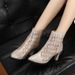 Summer New Hollow Single Pointed Toe Rhinestone Thick Heel Women's Sandals Mesh Short Boots High Heels_vogvips.com