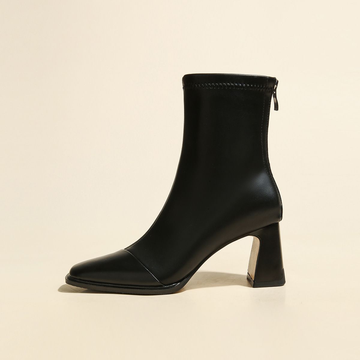 Women's Winter 2024 New French Style Slim Black Commuting Elegant High Square Toe Mid-Calf Chunky Heel Short Boots_vogvips.com