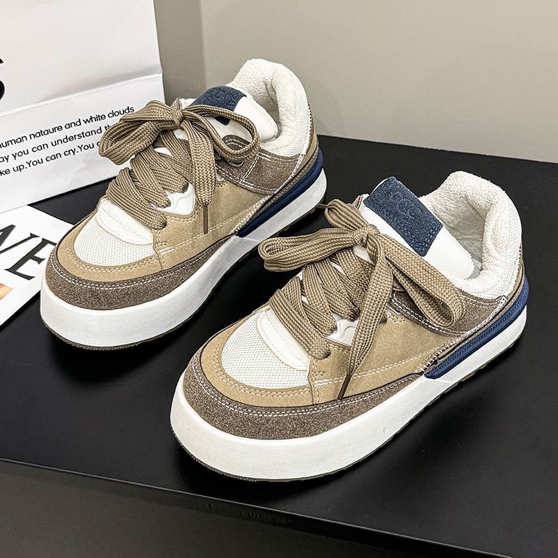 Thick Soled Trendy Round Toe Board For Women New Autumn Winter Low Cut Warm Comfortable Lace Up Fashionable Sports_vogvips.com