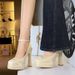 Round Head Satin One-word Strap High Heels, Light Mouth Waterproof Table Thick Heel Women's Shoes, Super High Heel Single Shoes Women_vogvips.com