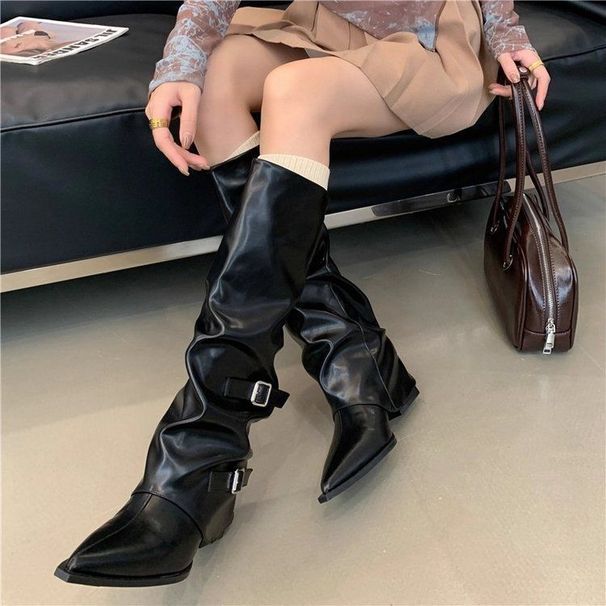2026 New Wide-Calf Thick-Heeled Round-Toe High For Adult Women, Korean Style Solid Color Slouch Boots With Pointed Toe_vogvips.com