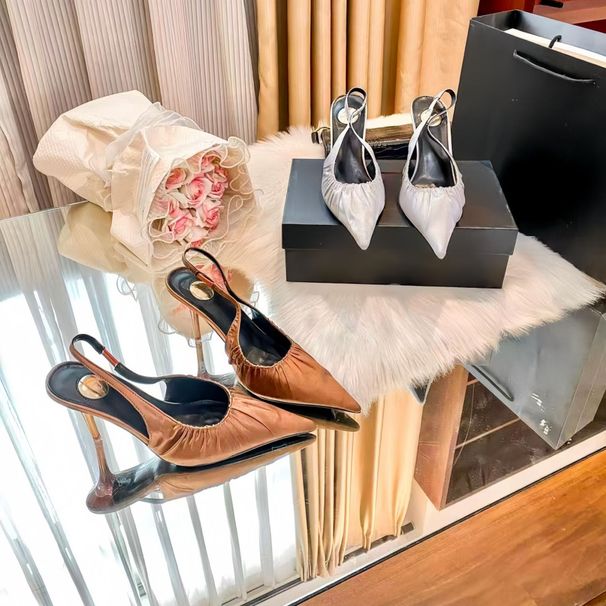 Top Quality Yangshulin 2025 New Korean Style Silver Women's Summer Flat Pointed Toe Pleated Mule Sandals High Heel_vogvips.com
