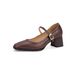 Small Square-toed Sheepskin High-heeled Shoes For Women, Hepburn-style Genuine Leather Mary Jane Single-strap Women's_vogvips.com