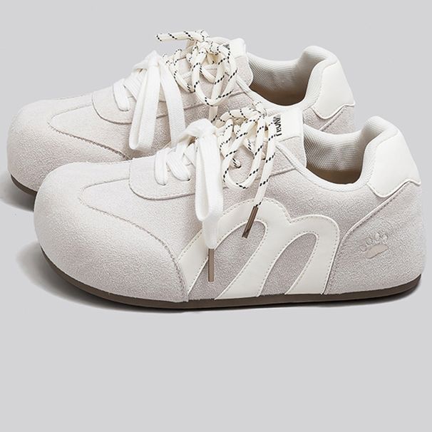 Women’s Retro Round‑Toe Lace‑Up Sneakers, Two‑Tone Suede‑Effect Low‑Top Trainers, Soft Flat Non‑Slip Outsole Casual Shoes_vogvips.com