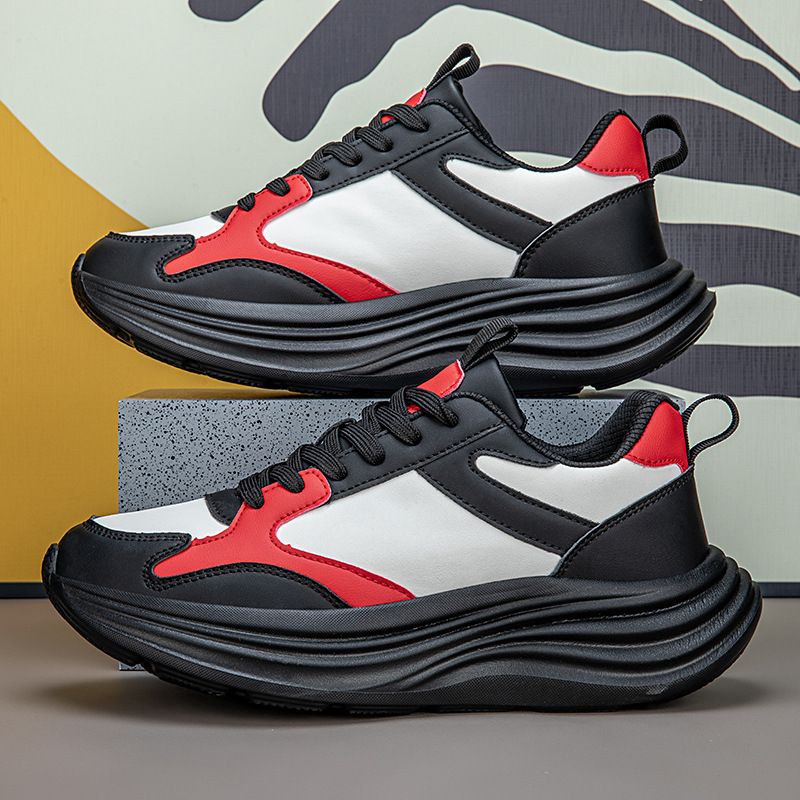 Black Men's With Leather Surface, Soft Shock Absorption, Casual Sports Thick Sole, Height Increasing, Versatile, Student_vogvips.com