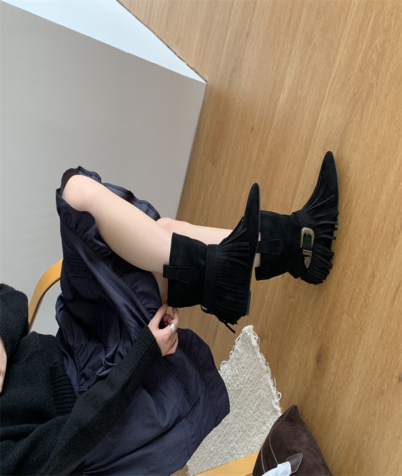 2025 Autumn Winter New Western Internal Height Increase, Tassel Slip-On Mid-Calf Boots With Belt Buckle For Women_vogvips.com