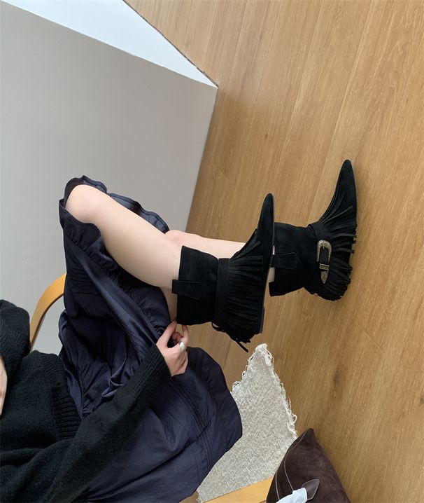 2025 Autumn Winter New Western Internal Height Increase, Tassel Slip-On Mid-Calf Boots With Belt Buckle For Women_vogvips.com