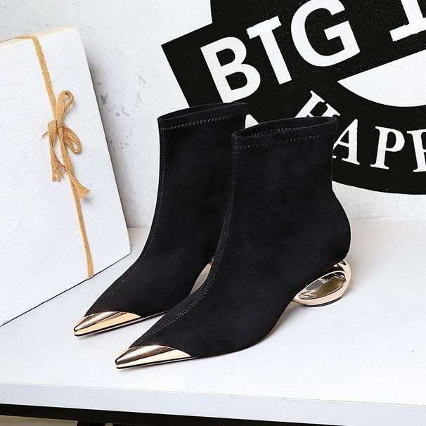 Women's Shoes Light Luxury Banquet Women's Boots, Mid Heel Hollowed Out Heel, Metal Pointed Toe, Suede Short Boots_vogvips.com