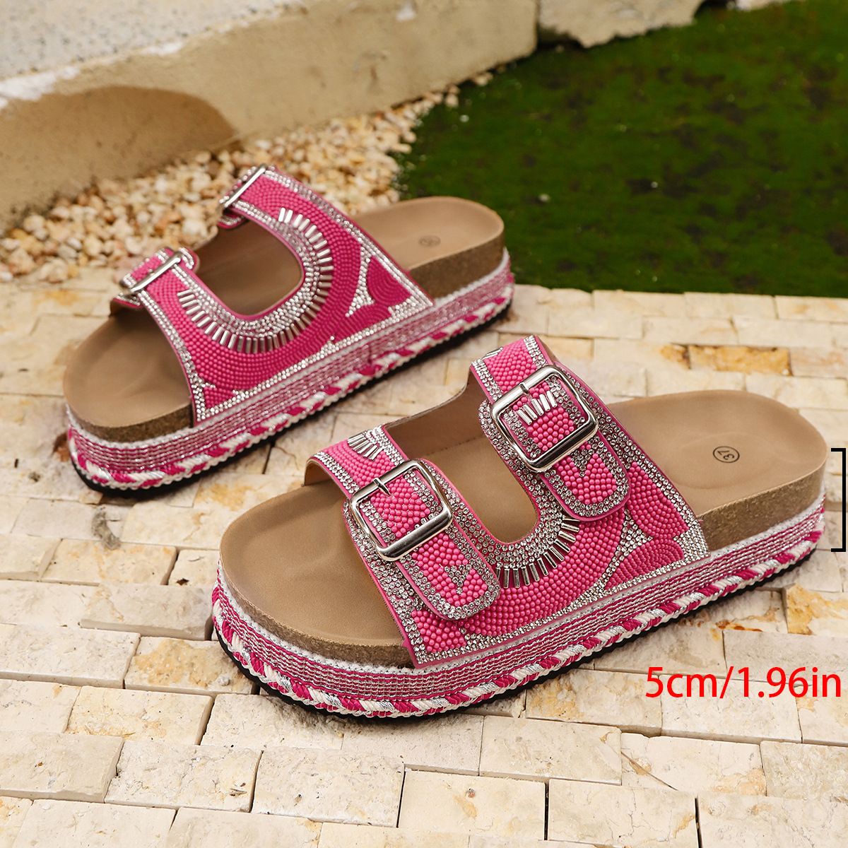 Summer Double Buckle Thick Soled Slippers Plus Size Rhinestone Hemp Rope Beach Sandals For Women_vogvips.com
