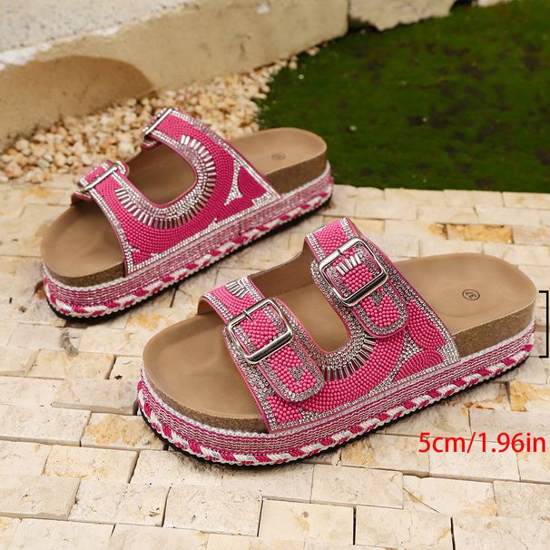 Summer Double Buckle Thick Soled Slippers Plus Size Rhinestone Hemp Rope Beach Sandals For Women_vogvips.com