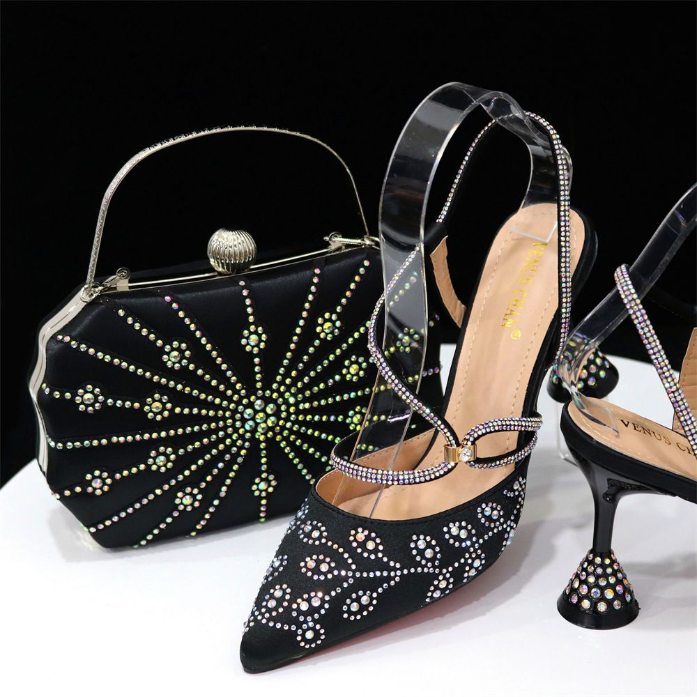 Women's Shoes Classic And Versatile Black Women's Pointed Shoes With Diamond Handbags And French Small Square Box Bags_vogvips.com