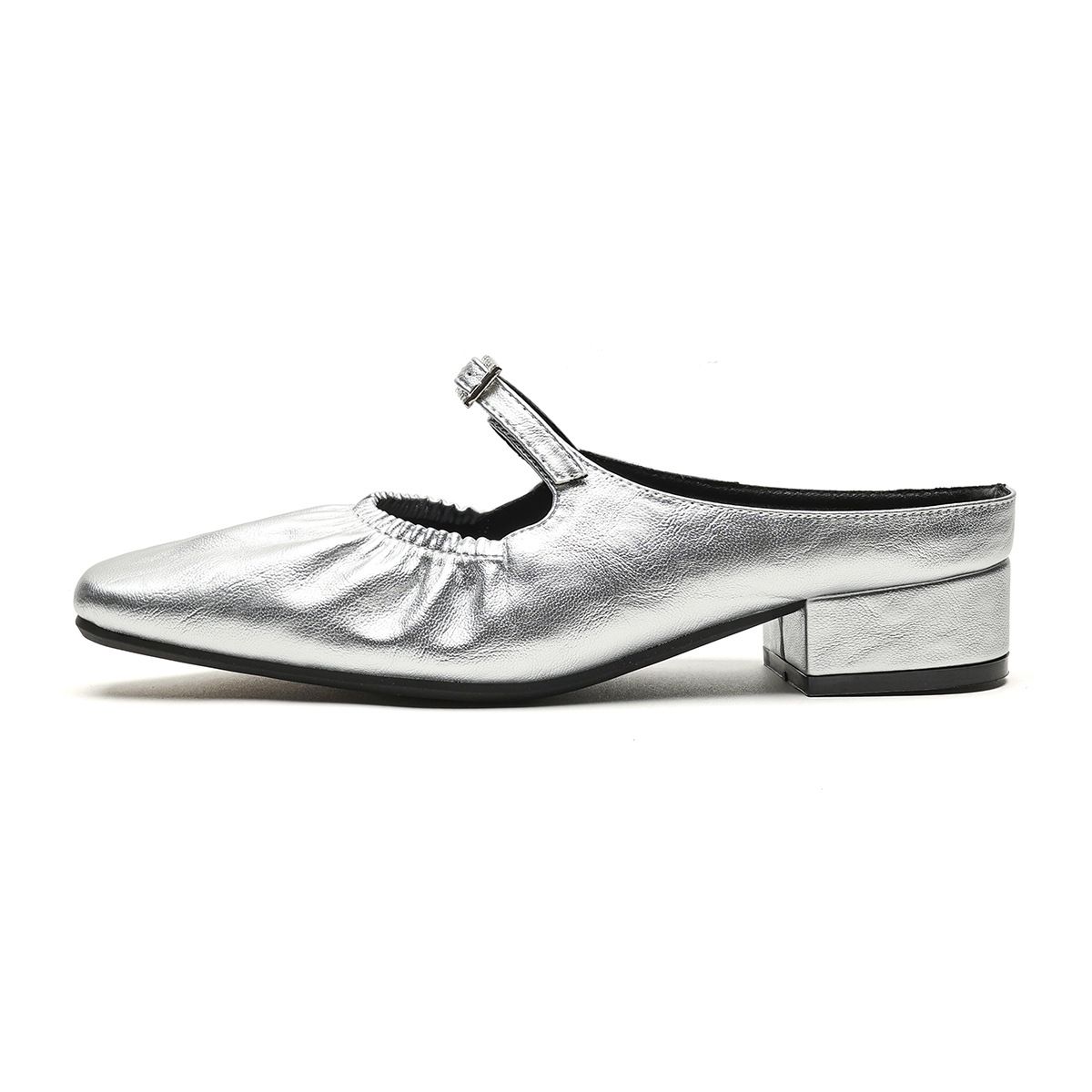 Weiwei Girl 958 2 Women's Square Toe Half Slippers French Style Summer Outerwear One Strap Pleated Silver Closed Toe Single Shoes_vogvips.com