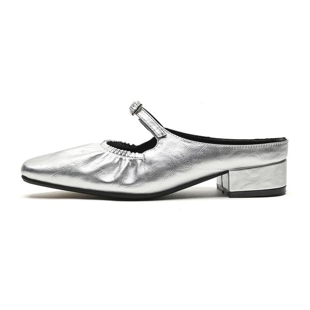 Weiwei Girl 958 2 Women's Square Toe Half Slippers French Style Summer Outerwear One Strap Pleated Silver Closed Toe Single Shoes_vogvips.com