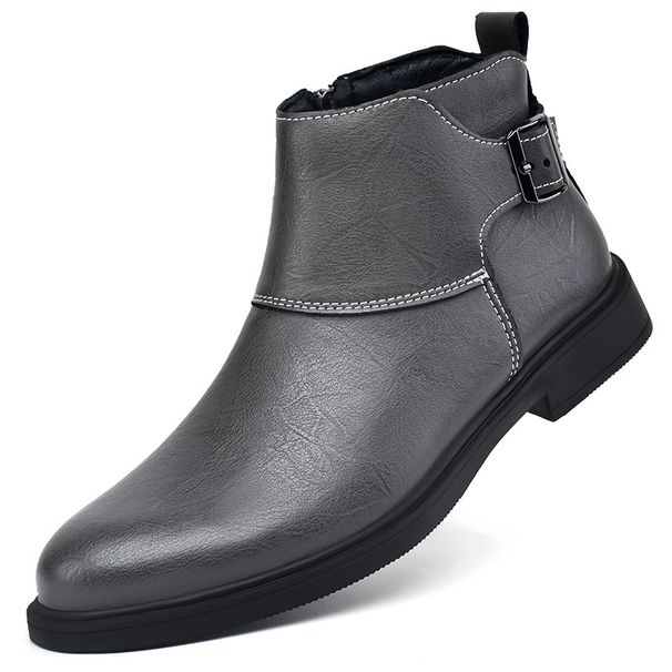 Large Size Men's Short Boots Retro Martin Boots Pointed Belt Buckle Velcro Cotton Boots Men's Shoes_vogvips.com