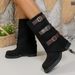 Vintage Western Cowgirl Boots With Belt Buckle Detail, Stacked Shaft, Chunky Heel & Platform For Women_vogvips.com