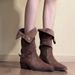 Vintage Khaki Suede Pleated Mid-calf Women's Boots With Side Buckle Design, Comfortable For Long-term Wear, Versatile_vogvips.com