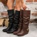 Women's Pleated Retro High Top Boots Metal Buckle Plus Size Slip On Mid Heel Slouch Boots Winter New Style_vogvips.com