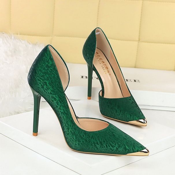 Ethnic Pointed Head Shallow Mouth Hollow High Heels Women's Thin Heel Iron Head Metal Decorative Satin Single Shoes_vogvips.com