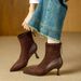 High Heel Short Boots For Women, Thin Heel 2025 New Style, Pointed Toe Slim Boots, French Suede Patchwork Coffee Color Mid-Calf Bo_vogvips.com