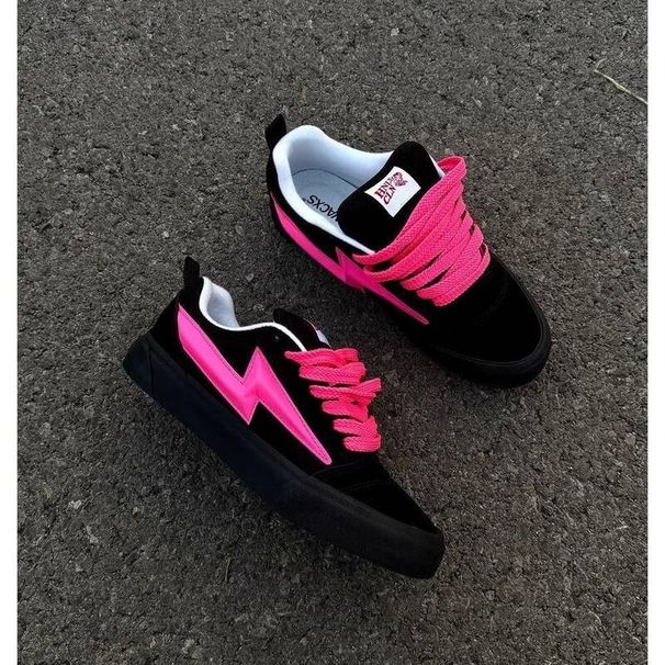 New American-style Storm Lightning Pink Color-block Chunky Sneakers For Men And Women, Retro Versatile Black Casual_vogvips.com
