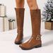 Women's Fashion Knee High Boots With Belt Buckle Detail Low Heel Round Toe Winter Casual Riding Boots Diamond Pattern Long Boots_vogvips.com
