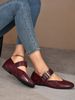 Women Multi‑Pattern Buckle Strap Mary Jane Flat Shoes, Square Toe Faux Leather Leopard Print Closed‑Toe Ballerinas, Soft Lightweight Flat Footwear_vogvips.com