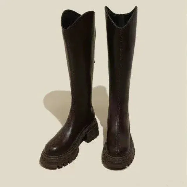 Sole Thick Womens High-top Brown Elasticity Autumn Winter Long Boots Stylish Comfortable For Riding_vogvips.com