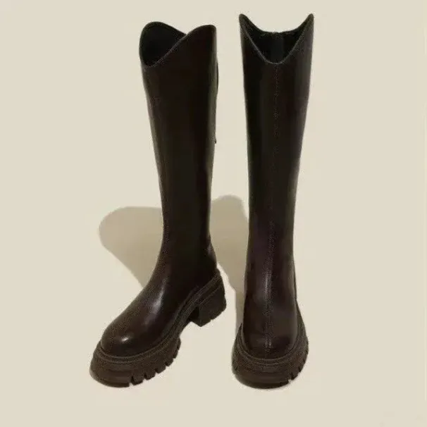 Sole Thick Womens High-top Brown Elasticity Autumn Winter Long Boots Stylish Comfortable For Riding_vogvips.com