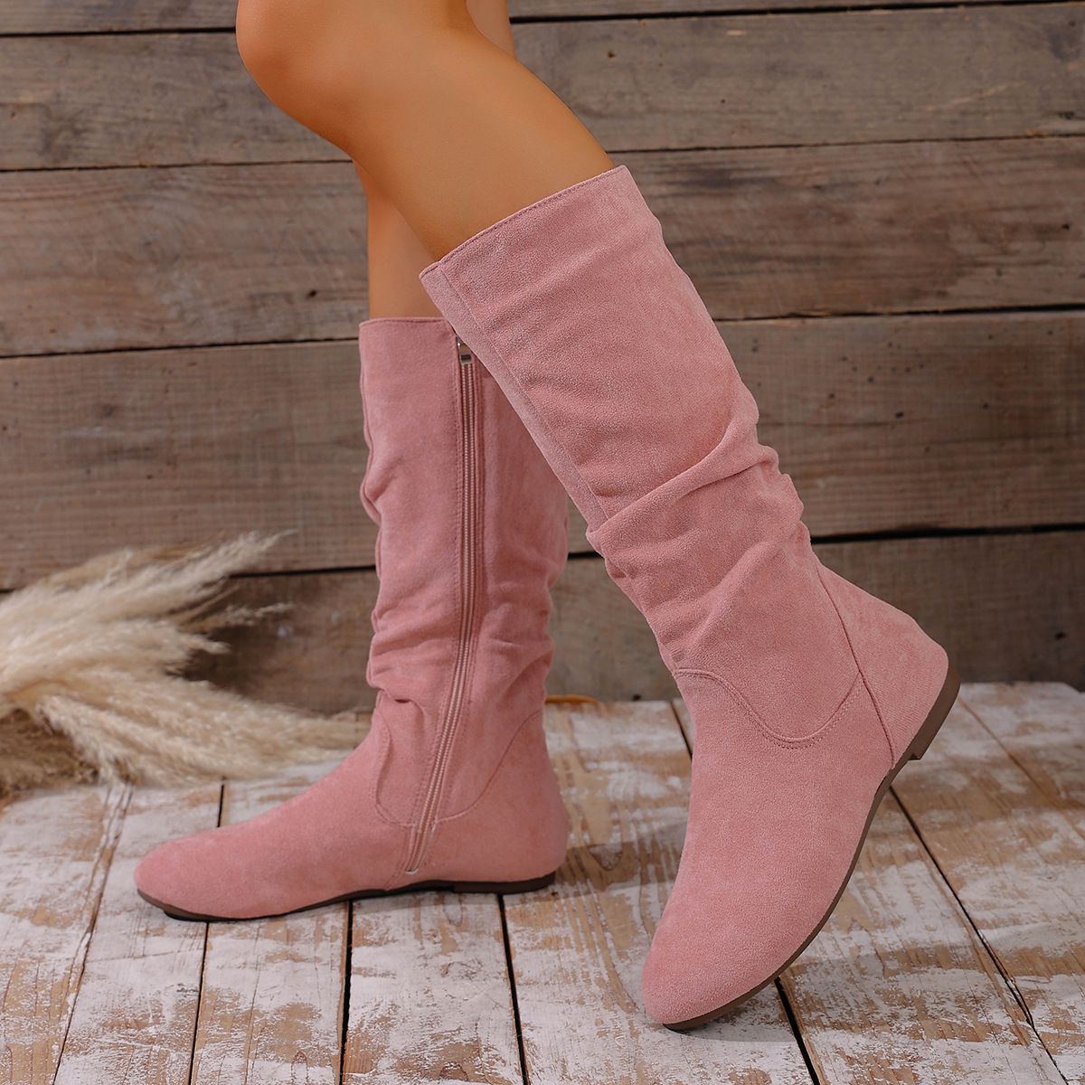 Winter High Boots For Women Pleated Suede Slim Fit Side Zipper Retro Round Toe Plus Size 43_vogvips.com