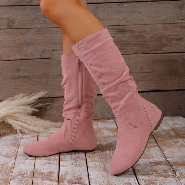 Winter High Boots For Women Pleated Suede Slim Fit Side Zipper Retro Round Toe Plus Size 43_vogvips.com