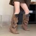 Women's Shoes Rivet Buckle Splicing Two Way Wear Stiletto High Heel Denim Pleated Pile Boots Female Personality Hot Girl Fashion Long Boots Female_vogvips.com