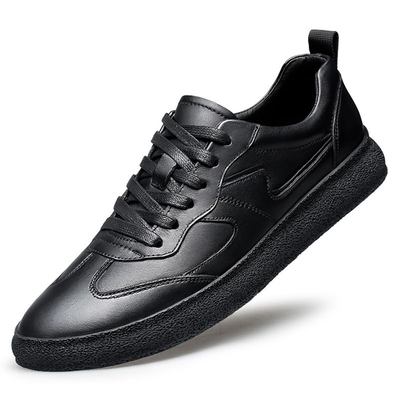 Men's Casual Lace-up Board Shoes Transparent First-layer Cowhide Shoes Shallow Mouth Round Head Flat Bottom White_vogvips.com
