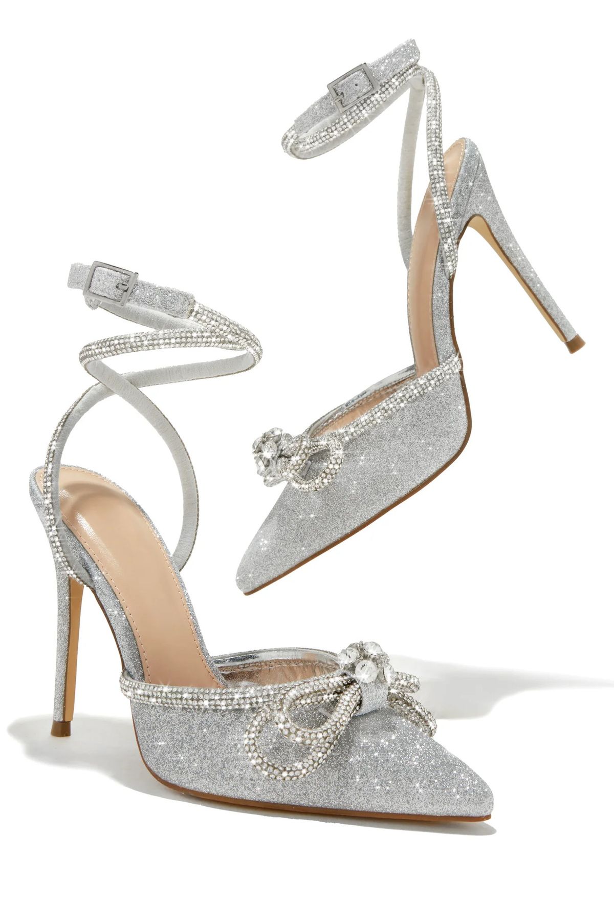 New Style Pointed Shiny Rhinestone Bow Stilettos Thin Straps Wrapped Straps Party Banquet Women's High Heels_vogvips.com