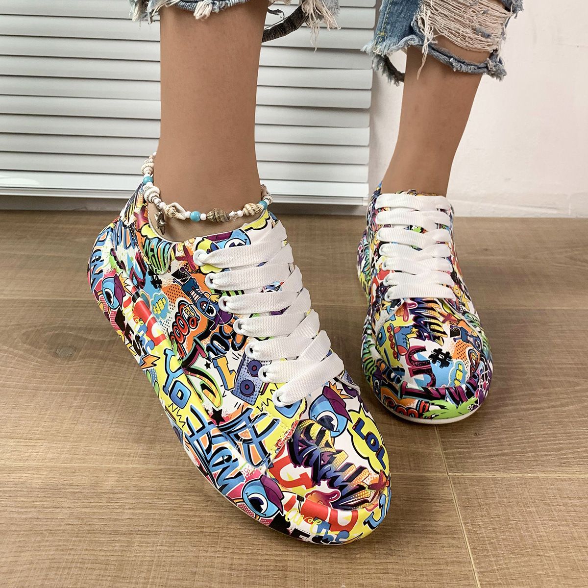 New Thick Sole Fashion Print Lace Up Sports Women's Round Head 43 Size Couple Casual Shoes_vogvips.com