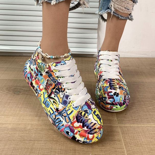 New Thick Sole Fashion Print Lace Up Sports Women's Round Head 43 Size Couple Casual Shoes_vogvips.com