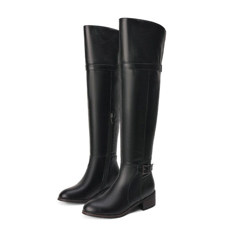 European American Style High-tube Women's Riding For Autumn And Winter, With Belt Buckle, Round Toe, Chunky Low Heel,_vogvips.com