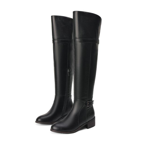 European American Style High-tube Women's Riding For Autumn And Winter, With Belt Buckle, Round Toe, Chunky Low Heel,_vogvips.com