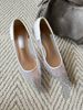 2026 Summer New White Mesh Pointed-Toe Heels With Gradient Crystal Embellishment, Elegant Bridal & Evening Wear_vogvips.com