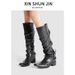 Women's Shoes Pointed Rivet Knight Boots Women New Black Retro Belt Buckle Not Over The Knee Boots Slim Thick Heel Boots_vogvips.com